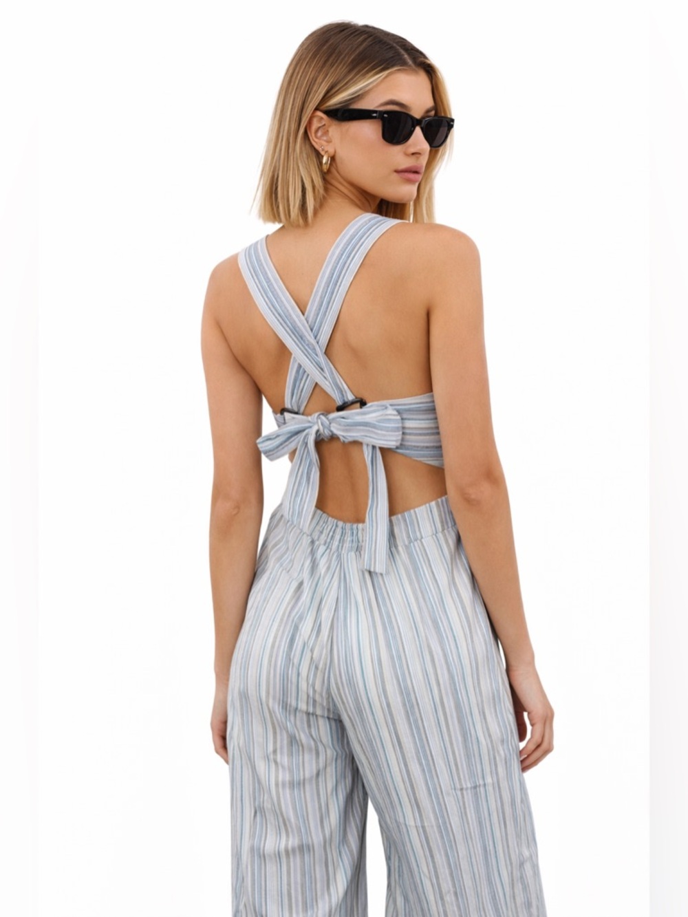 Knot‎ Sisters NWT Striped Wide-Leg Linen Jumpsuit Tie Back Boho Chic Medium
